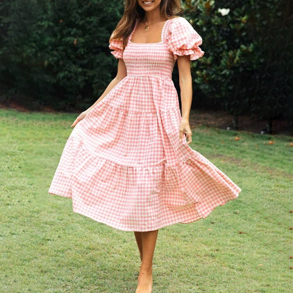 ZESICA Gingham Poplin Tiered Midi Dress Pink White XS NWOT